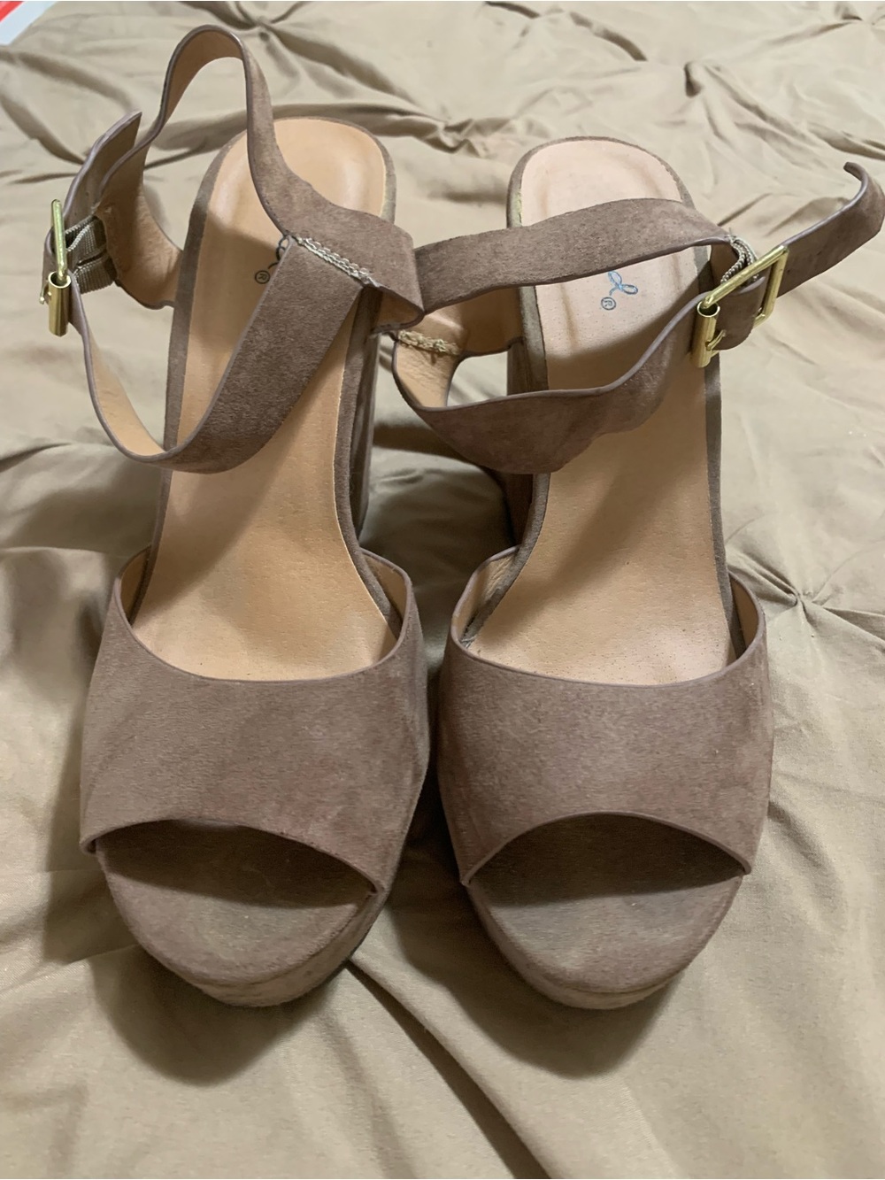 Qupid Taupe Suede Open-Toe Platform Sandals